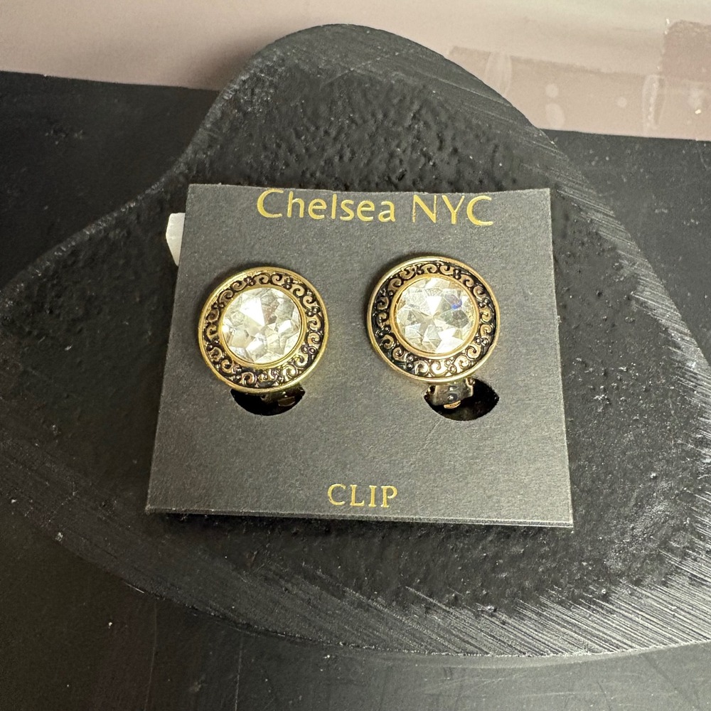 Chelsea NYC Clip-On‎ Earrings | Clear Crystal Studs with Antiqued Gold Scroll
